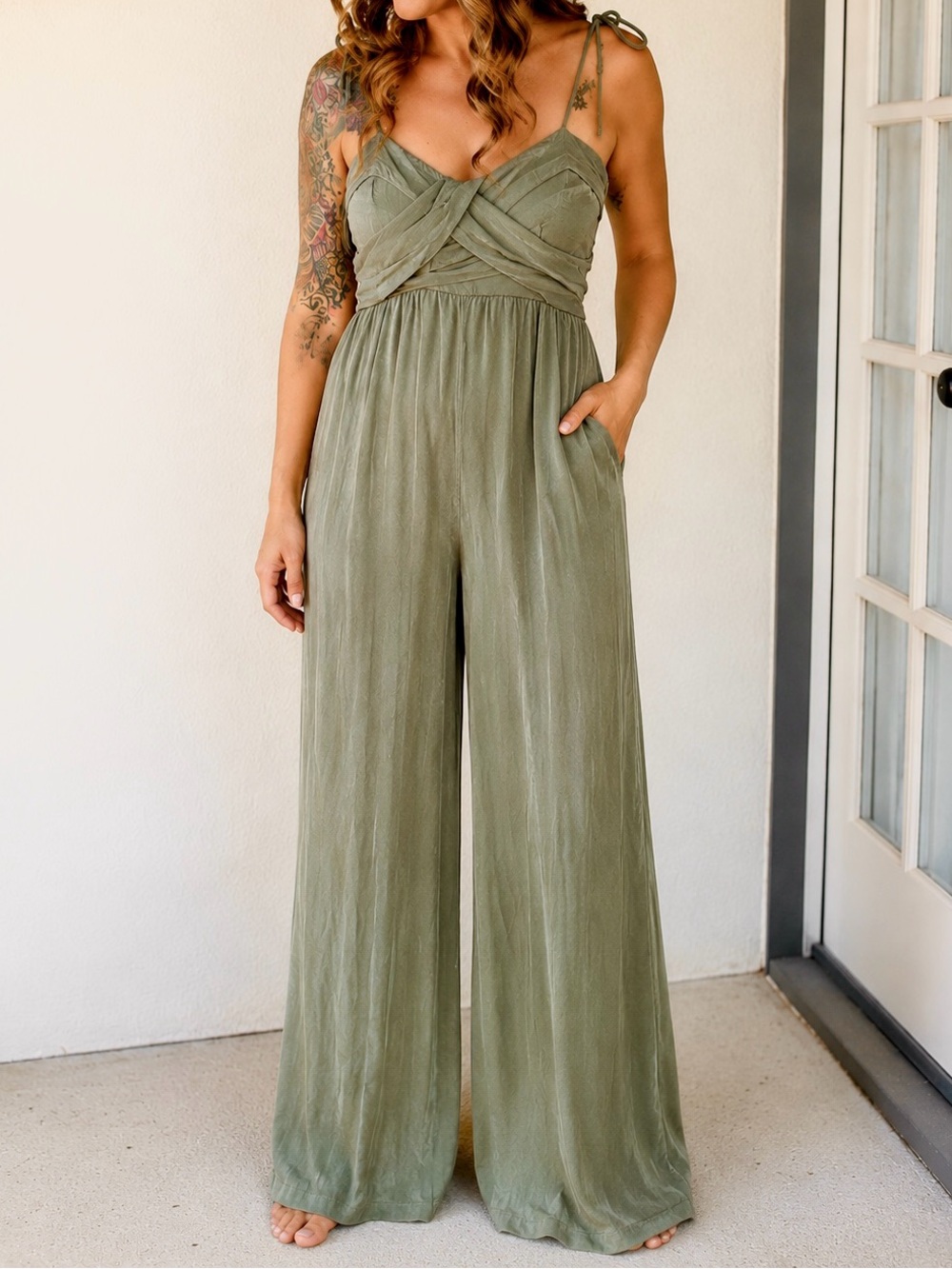Current Air Green Tie-Shoulder Wide Leg Jumpsuit large
